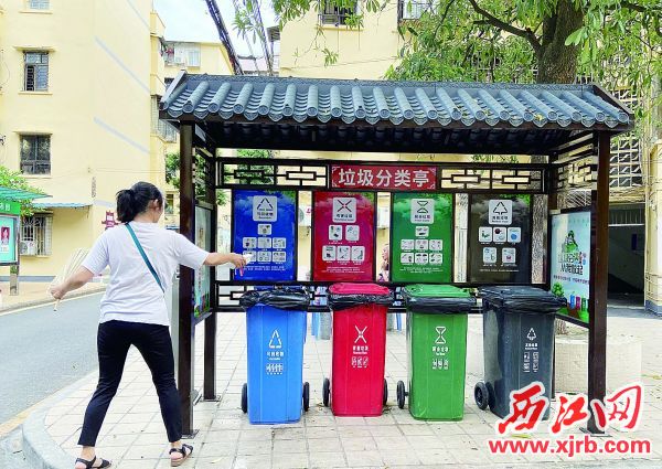 端州区柳园社区的垃圾分类亭，一位居民将餐盒扔进了可回收垃圾桶。 西江日报记者 赖小琴 摄