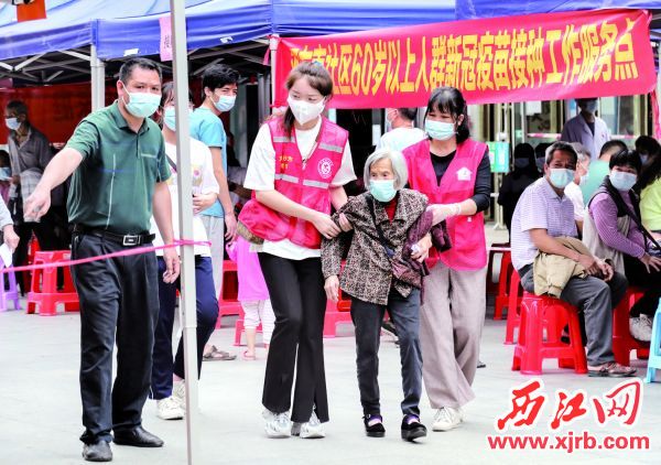 志愿者在黃崗街道雙東南社區幫助行動不便的老人接種疫苗。
 西江日報記者 梁小明 攝