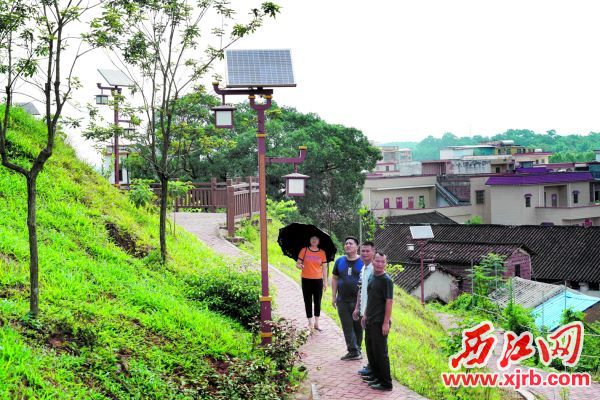 梁成维（右一）与其他镇村干部在查看公园里的太阳能路灯。 受访者供图